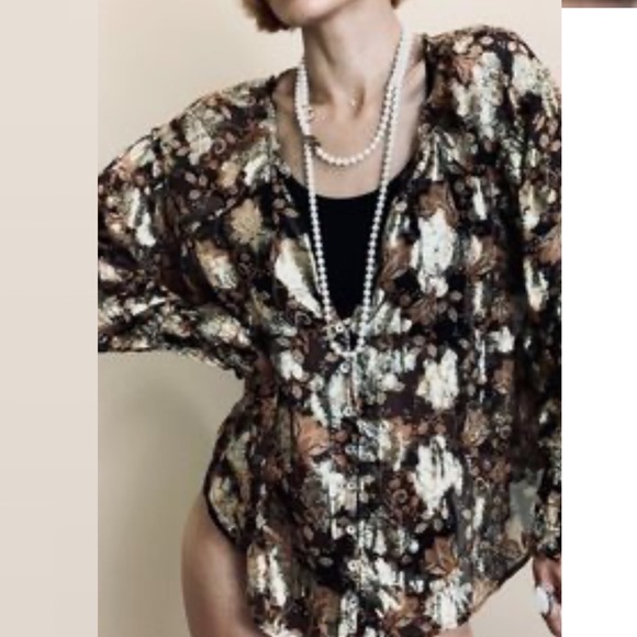 New Free People Woven Boho Top Button Shirt BlouseGold Accents Long Sl S Floral - Picture 2 of 7